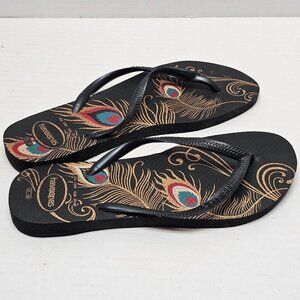 Peacock Feather Havaianas 37 38 8 Flip Flops Womens Sandals Beach Every Day Pool